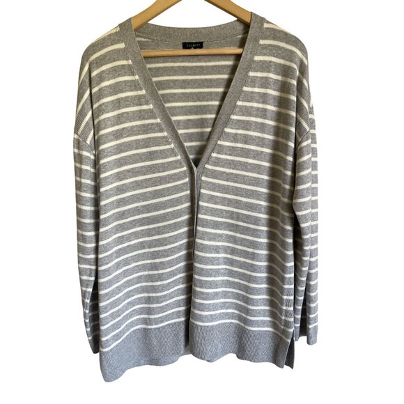Talbots Size Large Gray White Striped Cardigan Sweater Cotton Rayon - Picture 1 of 8